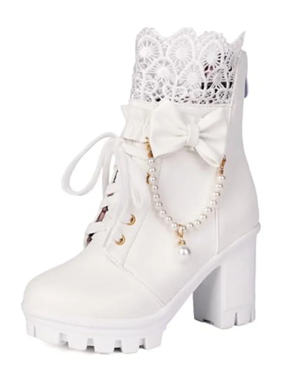 Faux Leather Platform Ankle Boots with Pearl Chain Bow Chunky High Heel Gothic